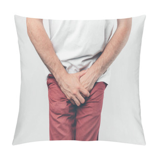 Personality  A Man Holding His Penis With On The White Background. Wants To Go To The Toilet. Pillow Covers