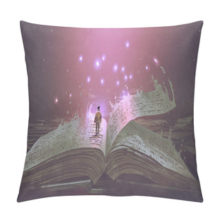 Personality  Boy Standing On The Opened Giant Book With Fantasy Light, Digital Art Style, Illustration Painting Pillow Covers