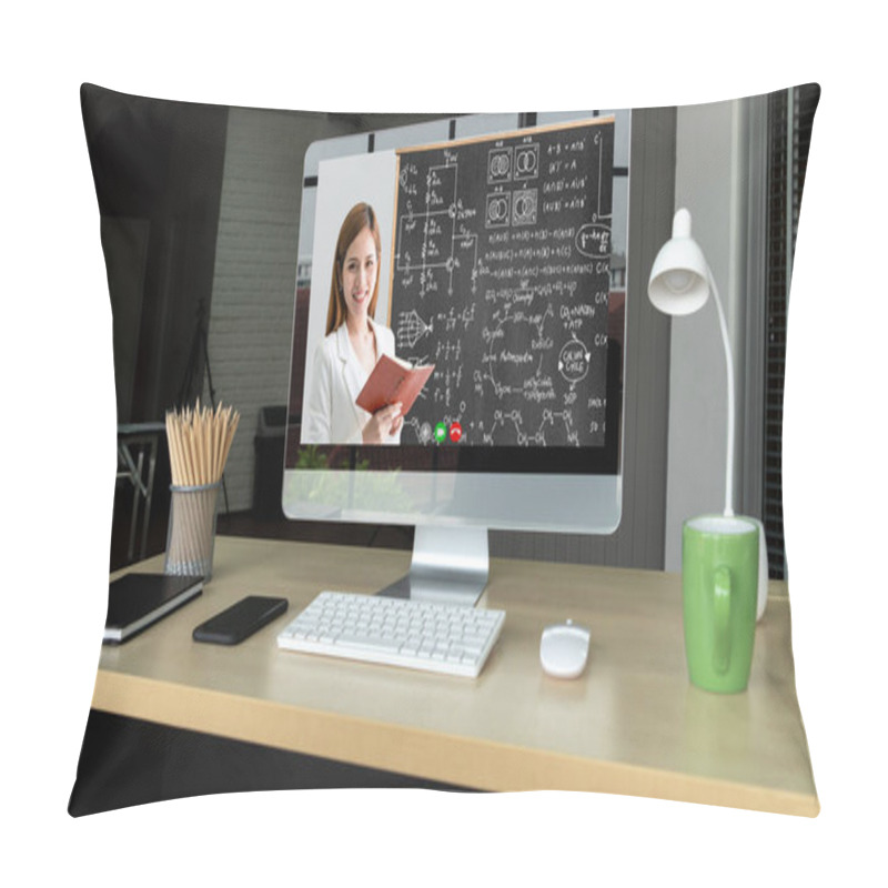 Personality  E-learning And Online Education For Student And University Concept. Video Conference Call Technology To Carry Out Digital Training Course For Student To Do Remote Learning From Anywhere. Pillow Covers