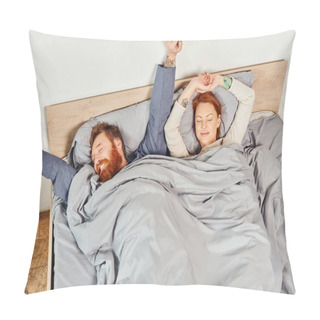 Personality  Quiet House, Parents Alone At Home, Redhead Husband And Wife In Cozy Bedroom, Bearded Man And Carefree Woman Relaxing On Weekends, Day Off, Wake Up, Tattooed, Stretching, Closed Eyes, Top View  Pillow Covers