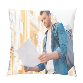 Personality  Handsome Young Tourist With Backpack Looking At Map On Street Pillow Covers