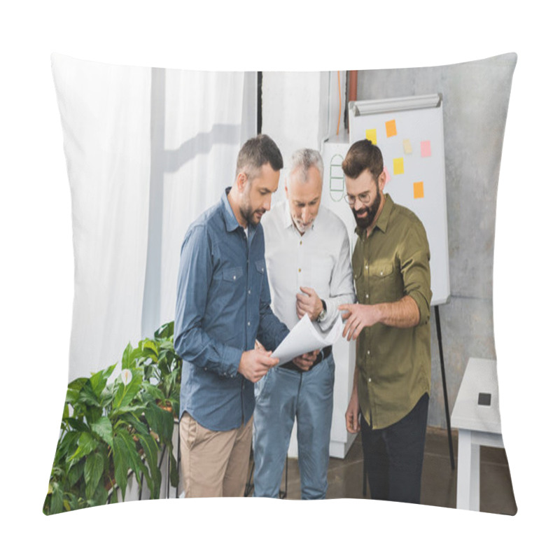 Personality  Three Professional Businessmen Discussing Blueprint In Office Pillow Covers