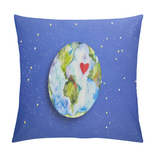 Personality  Top View Of Planet Picture With Heart Symbol On Violet Background With Stars, Earth Day Concept Pillow Covers