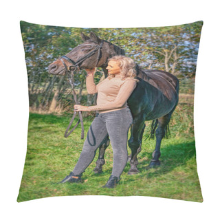 Personality  Front View, Portrait. Female In Casual Clothes Stands In The Forest With Her Horse. In The Autumn Sun. Pillow Covers