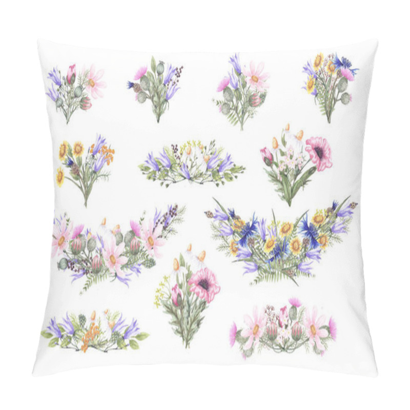 Personality  Large set with bouquets of wildflowers poppy, cornflower, bluebell, white daisy, pink and yellow and other herbs. Watercolor illustration hand drawn. Design for printing invitations, cards, posters pillow covers
