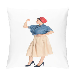 Personality  Full Length View Of Emotional Pin Up Woman Showing Muscles Isolated On White  Pillow Covers