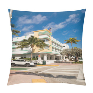 Personality  Green Palm Trees Growing Next To Road And Modern Condominium In Miami  Pillow Covers