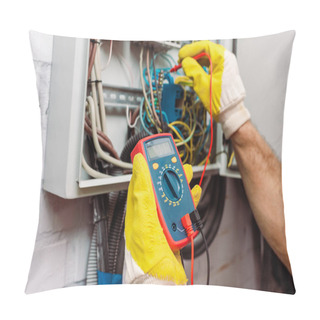 Personality  Cropped View Of Workman In Gloves Using Multimeter While Checking Voltage Of Electric Panel Pillow Covers