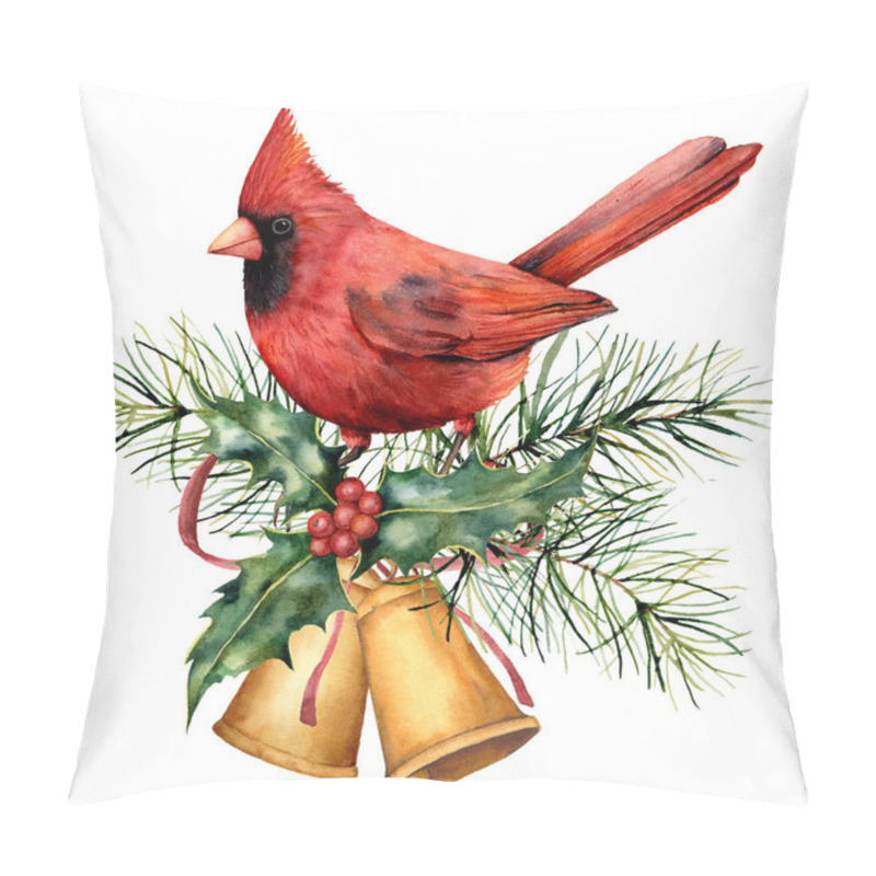 Personality  Watercolor Christmas Card With Red Cardinal And Winter Design. Hand Painted Bird With Bells, Holly, Red Bow, Berries, Fir Branch Isolated On White Background. Holiday Symbol For Design, Print. Pillow Covers