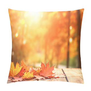 Personality  Autumn Blurred Background With Wooden Table And Orange Leaves Pillow Covers