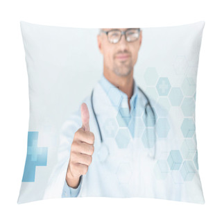 Personality  Selective Focus Of Handsome Doctor In Glasses With Stethoscope On Shoulders Showing Thumb Up With Medical Interface Pillow Covers