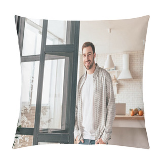 Personality  Smiling Bearded Man Standing With Hands In Pockets And Looking At Camera Pillow Covers