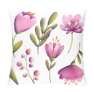 Personality  Digital Illustration Of A Trendy Floral Print Set. Small Tulips, Leaves And Berries With Texture. Summer And Spring Motif For Cards, Banners, Fabrics, Invitations. Pillow Covers