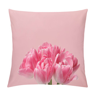Personality  Bouquet Of Spring Tulips Isolated On Pink Background Pillow Covers