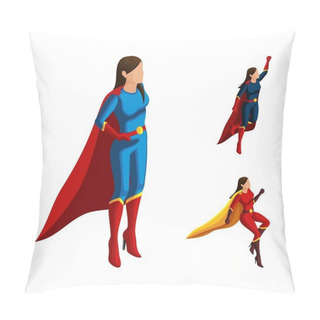 Personality  Isometry A Set Of Superhero Girls In Different Suits, Looks After The Order, The Cloak Develops, 3D Woman Flies, Heroes, Rescuers. Vector Illustration Pillow Covers