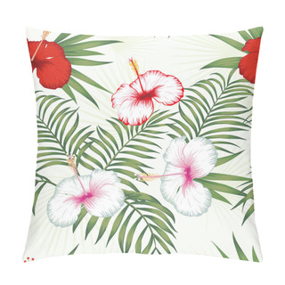 Personality  Multicolor Hibiscus Green Leaves Seamless White Background Pillow Covers