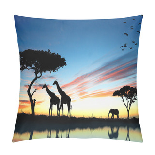 Personality  Safari In Africa. Silhouette Of Wild Animals Reflection In Water Pillow Covers