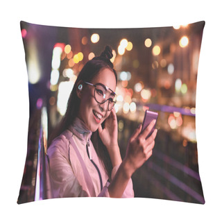 Personality  Happy Asian Girl Having Video Chat And Using Smartphone On Street With Neon Light, City Of Future Concept Pillow Covers