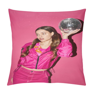 Personality  A Stylish Woman In Her 20s, Wearing A Pink Jacket, Holding A Disco Ball In A Studio With A Pink Background. Pillow Covers