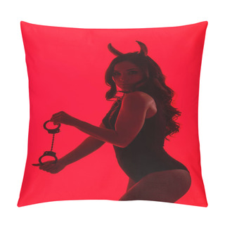 Personality  Silhouette Of Sensual Girl In Devil Costume Holding Handcuffs, Isolated On Red Pillow Covers