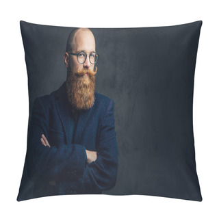 Personality  Portrait Of Redhead Bearded Male In Eyeglasses Dressed In An Elegant Wool Suit Over Grey Background. Pillow Covers