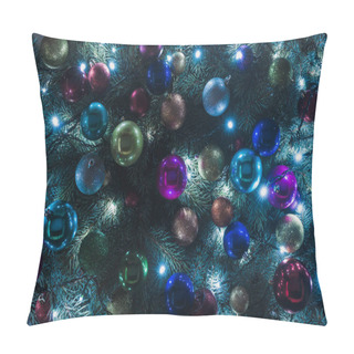 Personality  Close-up View Of Beautiful Christmas Tree With Colorful Baubles And Illuminated Garland   Pillow Covers