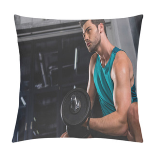 Personality  Muscular Sportsman Training With Dumbbell In Sports Hall Pillow Covers