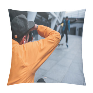 Personality  Close-up Shot Of Man Taking Photo Of Skateboarder Doing Trick Pillow Covers