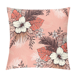 Personality  Living Coral Tropical Exotic Foliage And Hibiscus Floral Vector Seamless Pattern. Ink Line Drawing Background. Pillow Covers
