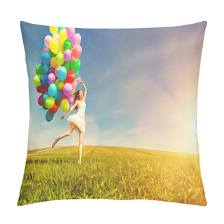 Personality  Happy Birthday Woman Against The Sky With Rainbow-colored Air Ba Pillow Covers