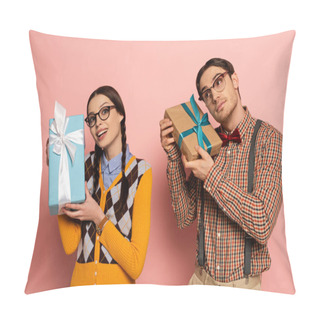 Personality  Couple Of Emotional Nerds In Eyeglasses Holding Gifts On Pink Pillow Covers