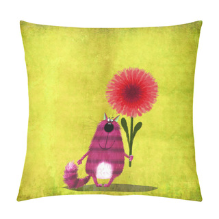 Personality  Pink Striped Cat With Red Flower Pillow Covers