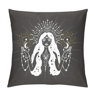 Personality  Fairy Girl With Space Hair. Astrology Concept, Fortune Tellers, Predictions. Logo Vector Illustration. Witchcraft, Spirituality. Pillow Covers