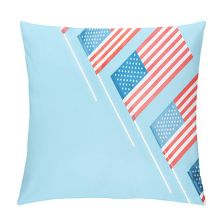 Personality  Flat Lay With American Flags On Sticks On Blue Background With Copy Space Pillow Covers