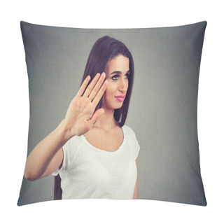Personality  Portrait Of An Angry Woman With Bad Attitude Giving Talk To Hand Gesture With Palm Outward Isolated On Gray Background. Negative Emotion Face Expression Feelings Pillow Covers