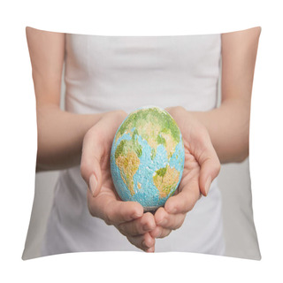 Personality  Woman Holding Planet Model On Grey Background, Earth Day Concept Pillow Covers
