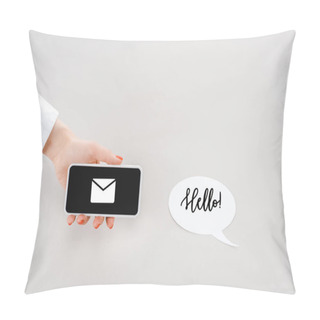 Personality  Cropped View Of Woman Holding Smartphone With Mail Sign Near Paper Cut Speech Bubble With Hello Lettering Pillow Covers
