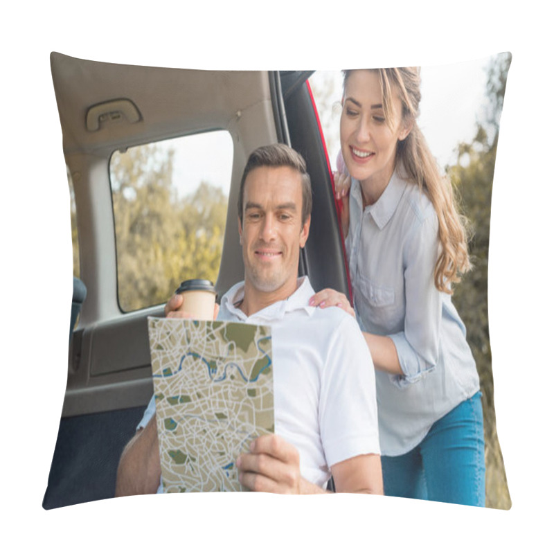Personality  happy adult couple looking at map while travelling by car pillow covers