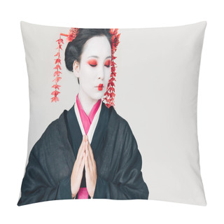 Personality  Beautiful Geisha In Black Kimono With Red Flowers In Hair And Greeting Hands Isolated On White Pillow Covers