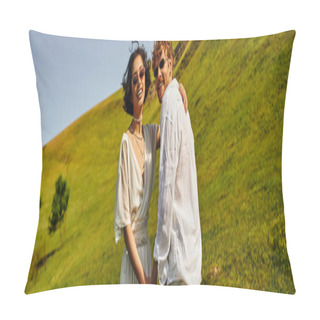 Personality  Rural Wedding In Countryside, Multiethnic Newlyweds Looking At Camera In Green Field, Banner Pillow Covers