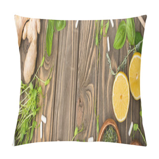 Personality  Panoramic Shot Of Pills And Green Herbs On Wooden Surface, Naturopathy Concept Pillow Covers