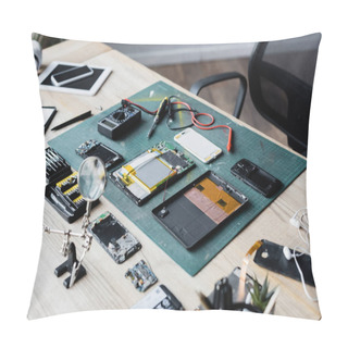 Personality  Flat Lay Of Disassembled Parts Of Devices, Multi Meter, Screwdriver And Magnifier On Workplace Pillow Covers