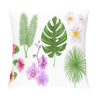 Personality  Set Of Exotic Tropical Flowers, Plants, Leaves. Vector Illustration With Realistic Palm, Monstera Leaf, Hibiscus, Orchid. Pillow Covers