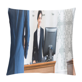 Personality  Panoramic Shot Of Of Businessman Near Cheerful Receptionist Looking At Computer Monitor  Pillow Covers