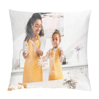 Personality  Cheerful African American Mother And Daughter Preparing Dough And Having Fun With Flour In Kitchen Pillow Covers