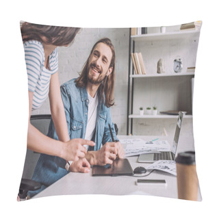 Personality  Selective Focus Of Happy Animator Looking At Coworker  Pillow Covers