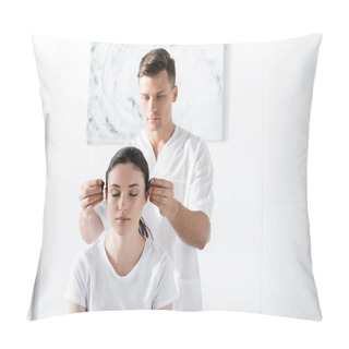 Personality  Focused Healer Standing Near Woman And Holding Stones Near Her Ears Pillow Covers