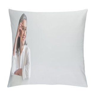 Personality  Grey Haired Woman Smiling At Camera While Sitting On Chair Isolated On Grey, Banner  Pillow Covers