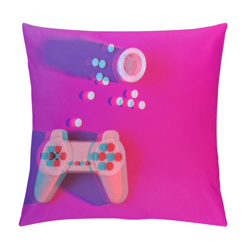 Personality  The Concept Of Gaming Addiction. Gamepad And Pill Bottle, Neon Pink Light. Glitch Effect. Top View, Minimalism Pillow Covers