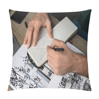 Personality  Selective Focus Of Mans Hands Drawing In Notebook On Wooden Table Next To Album And Gadgets Pillow Covers